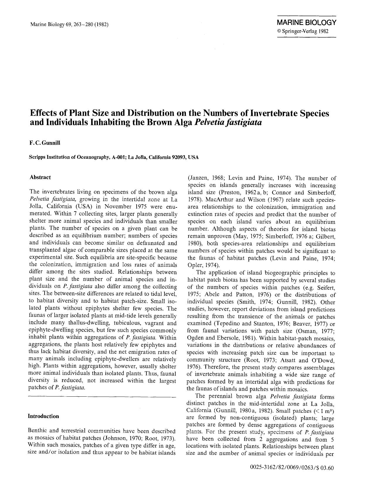 Effects of plant size and distribution on the numbers of invertebrate species and individuals inhabiting the brown alga <Emphasis Type="Italic">Pelvetia fastigiata<Emphasis> by Unknown