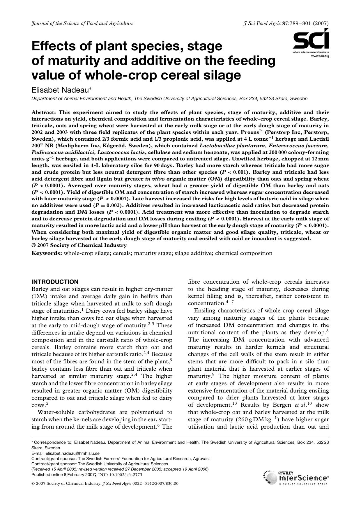 Effects of plant species, stage of maturity and additive on the feeding value of whole-crop cereal silage by Unknown