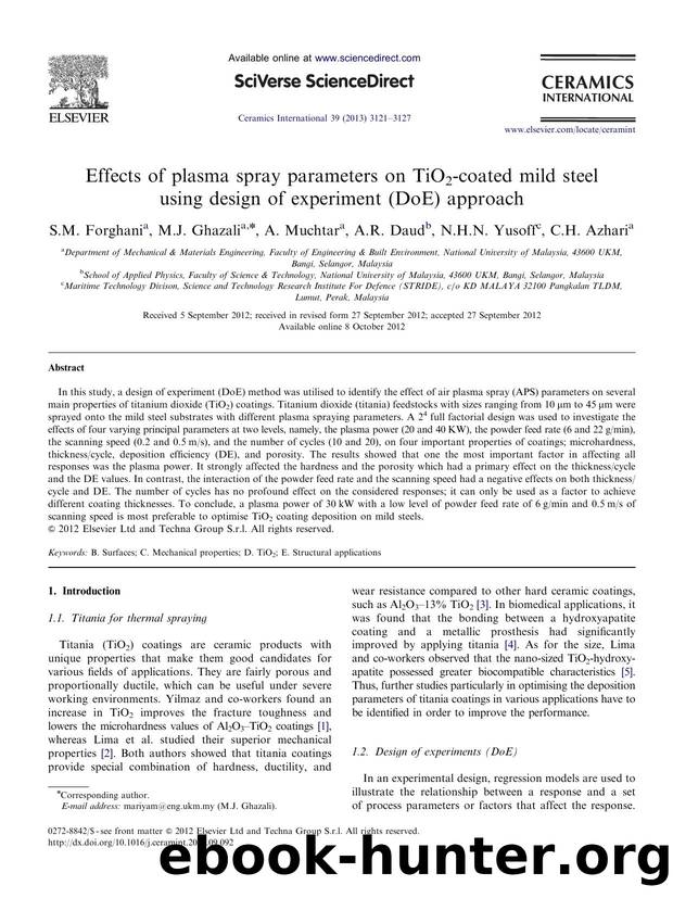 Effects of plasma spray parameters on TiO2-coated mild steel using design of experiment (DoE) approach by S.M. Forghani & M.J. Ghazali & A. Muchtar & A.R. Daud & N.H.N. Yusoff & C.H. Azhari