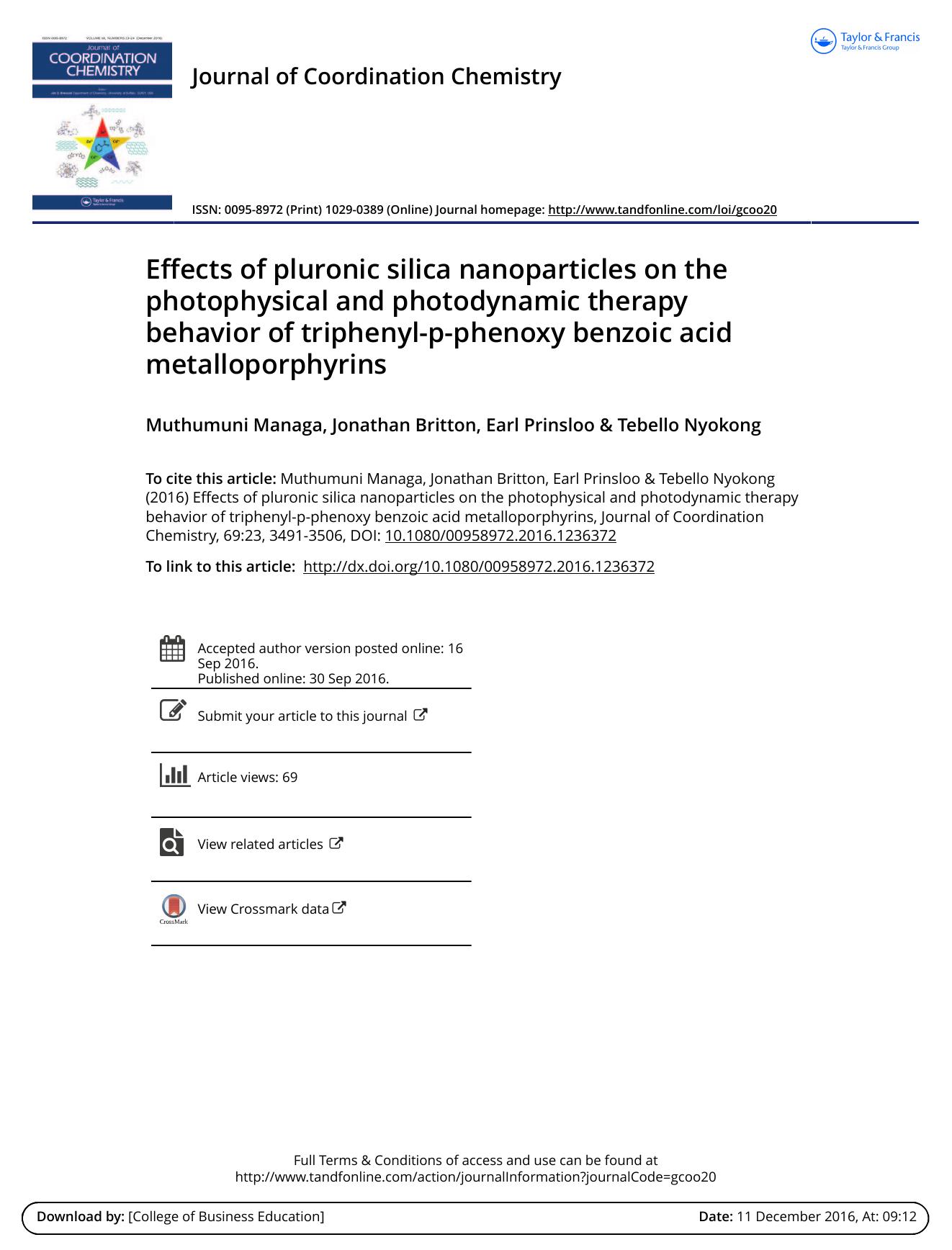 Effects of pluronic silica nanoparticles on the photophysical and photodynamic therapy behavior of triphenyl-p-phenoxy benzoic acid metalloporphyrins by Muthumuni Managa & Jonathan Britton & Earl Prinsloo & Tebello Nyokong