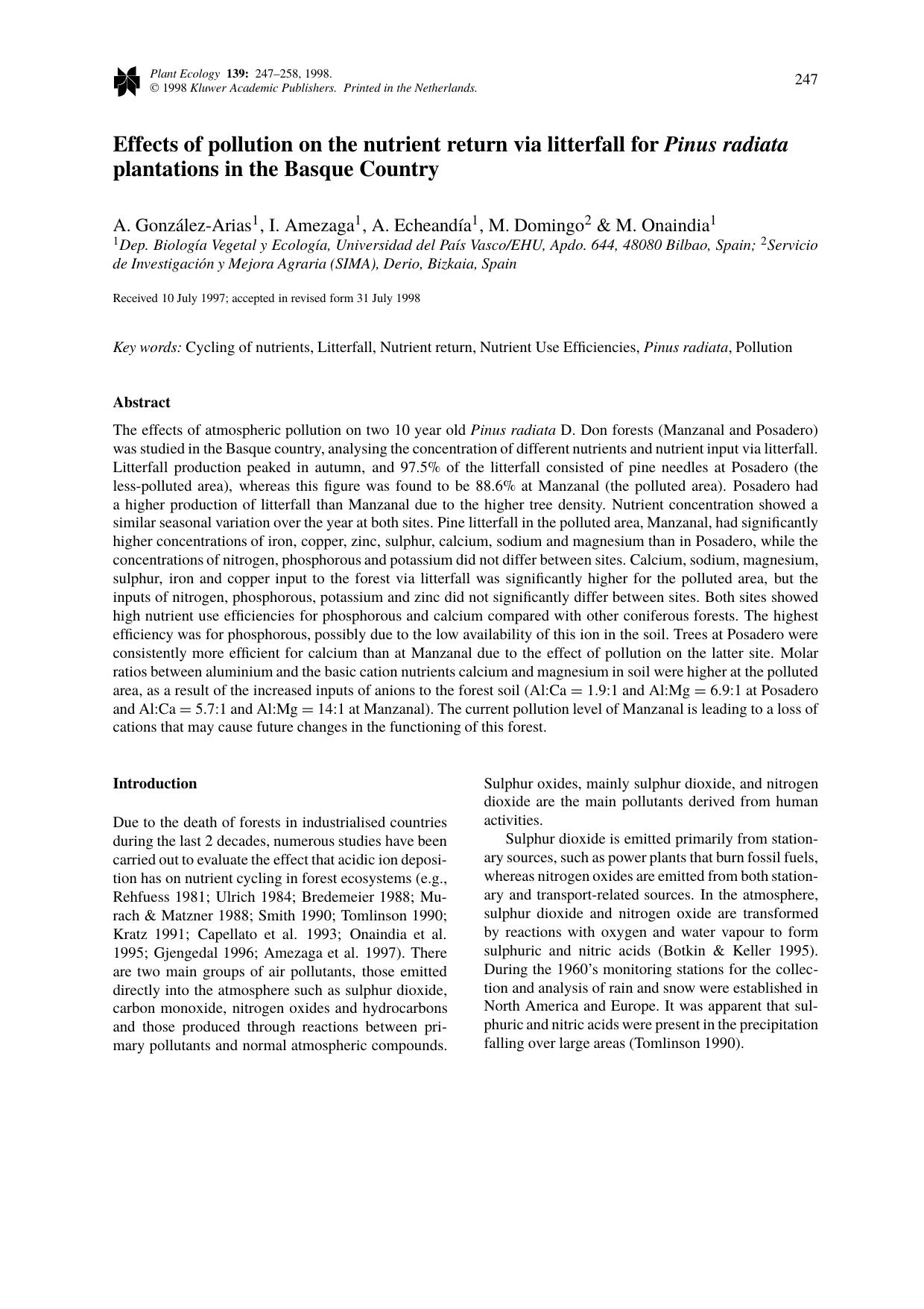 Effects of pollution on the nutrient return via litterfall for Pinus radiata plantations in the Basque Country by Unknown