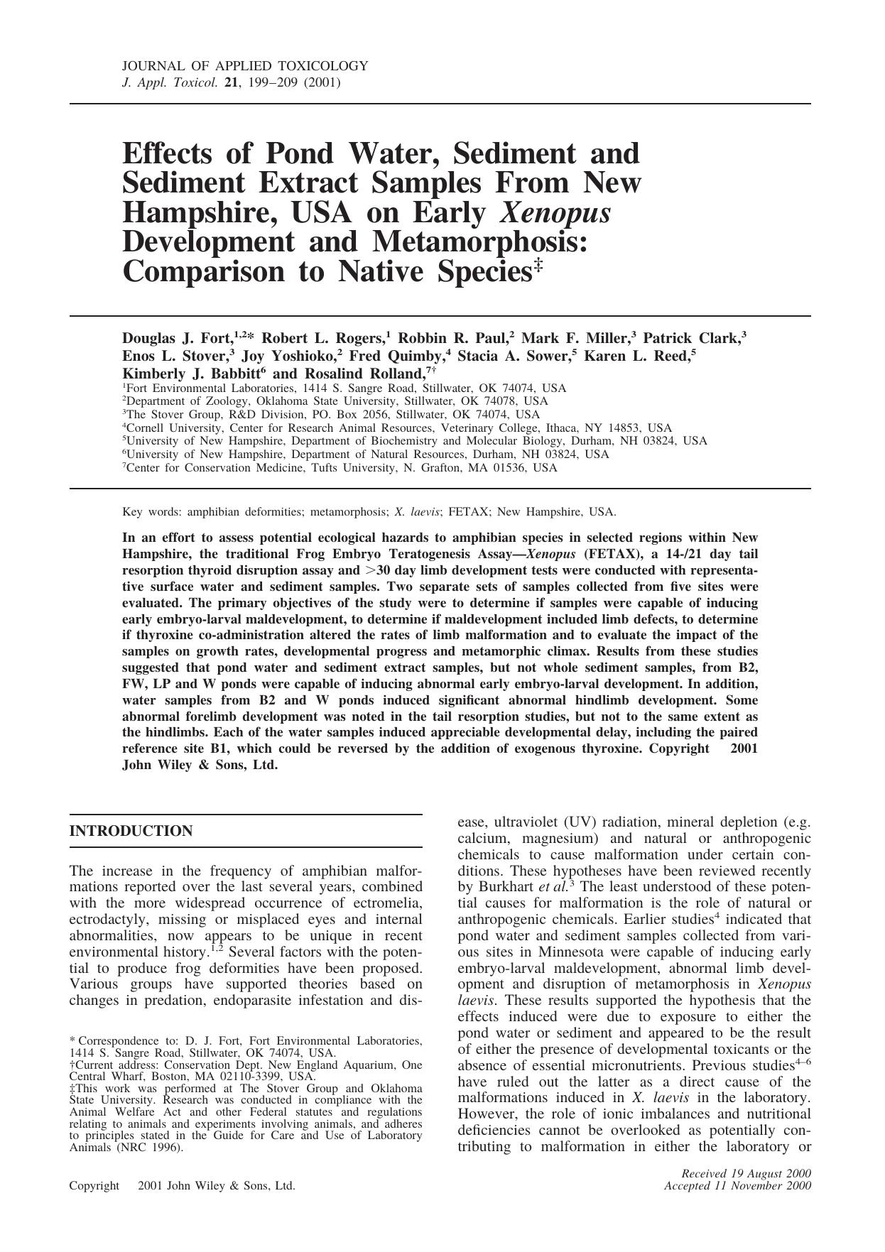 Effects of pond water, sediment and sediment extract samples from new hampshire, usa on early Xenopus development and metamorphosis: comparison to native species by Unknown
