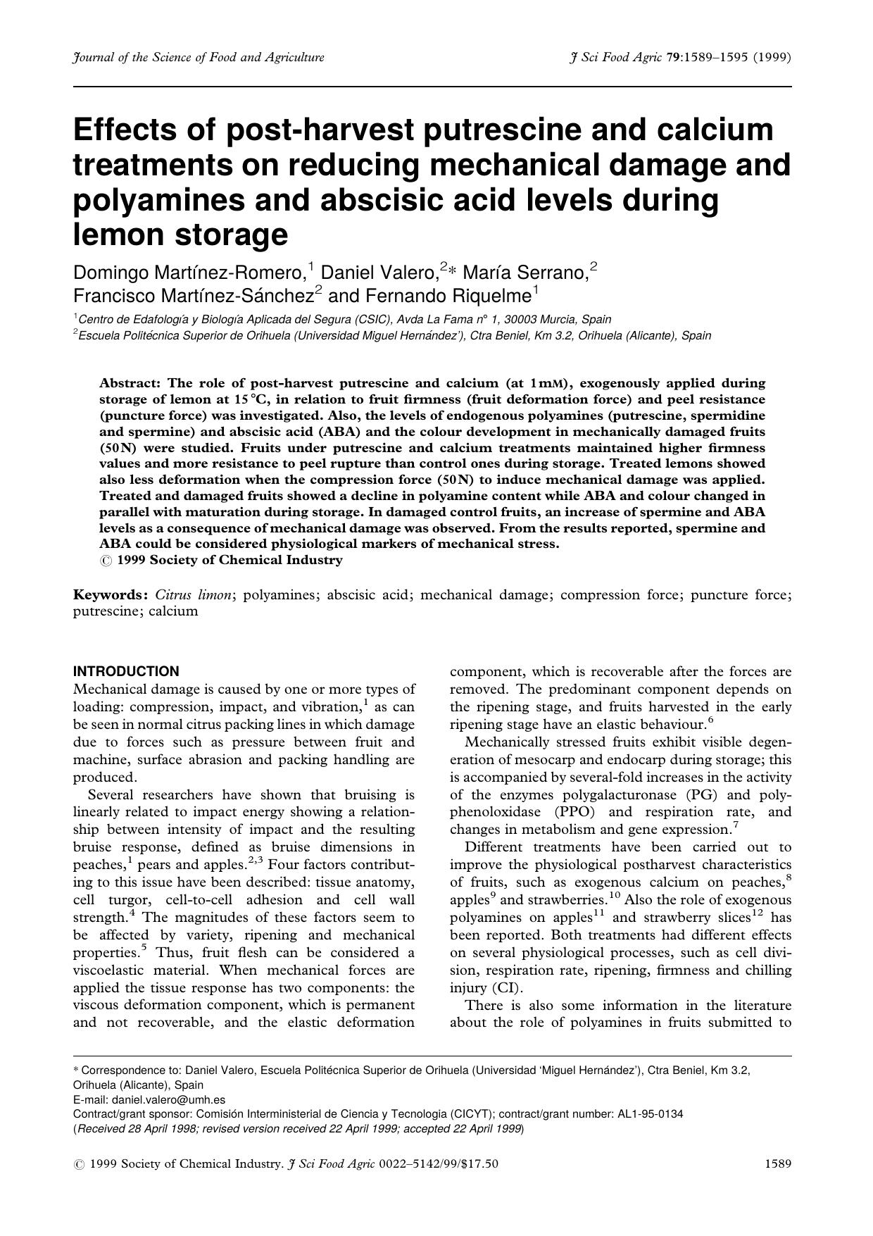 Effects of post-harvest putrescine and calcium treatments on reducing mechanical damage and polyamines and abscisic acid levels during lemon storage by Unknown
