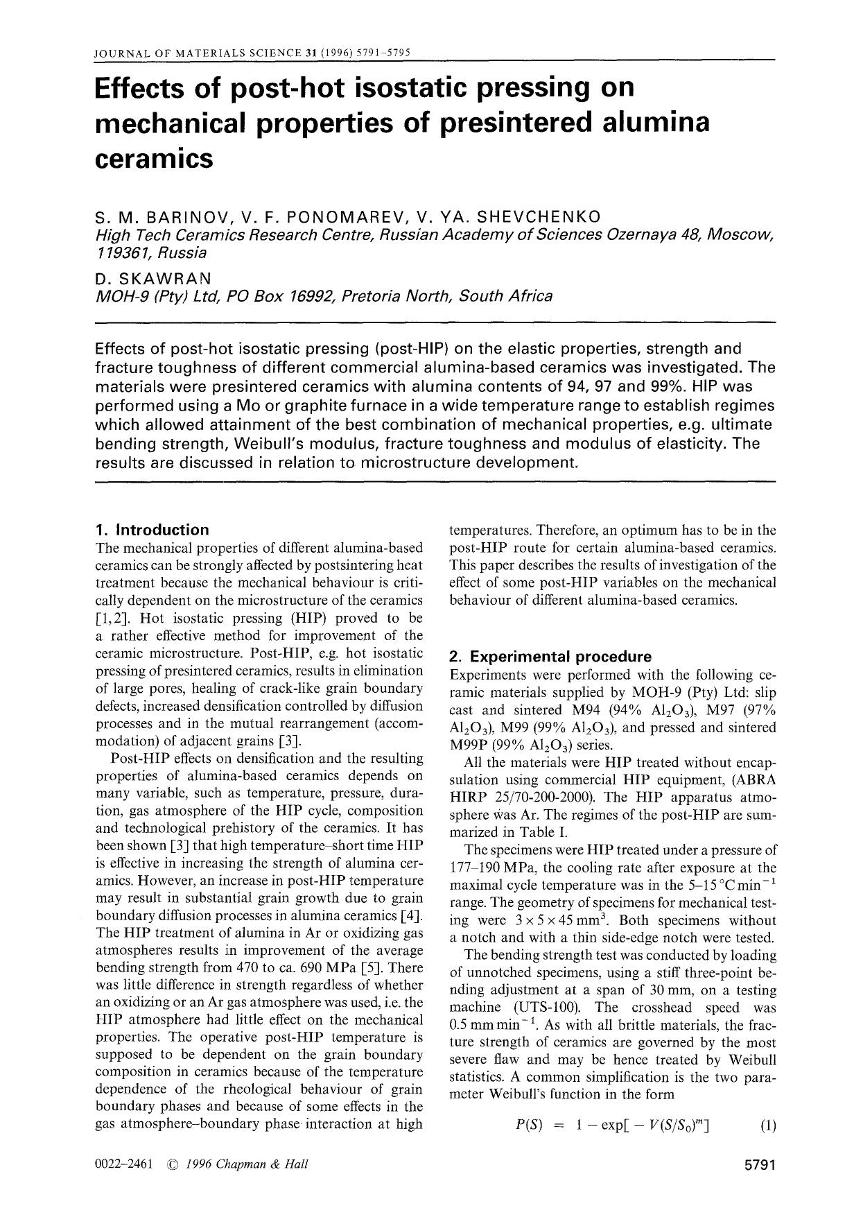 Effects of post-hot isostatic pressing on mechanical properties of presintered alumina ceramics by Unknown