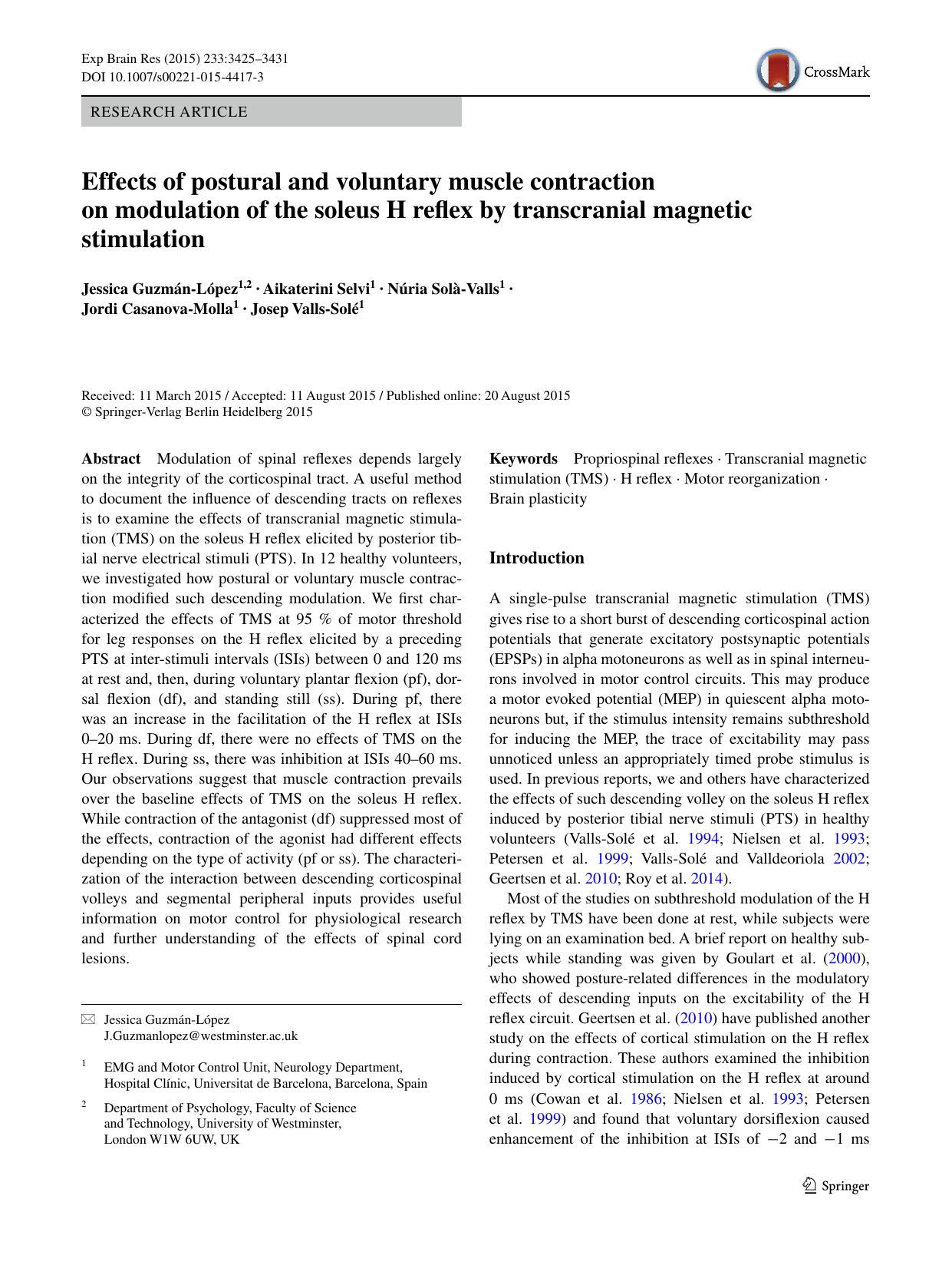 Effects of postural and voluntary muscle contraction on modulation of the soleus H reflex by transcranial magnetic stimulation by unknow