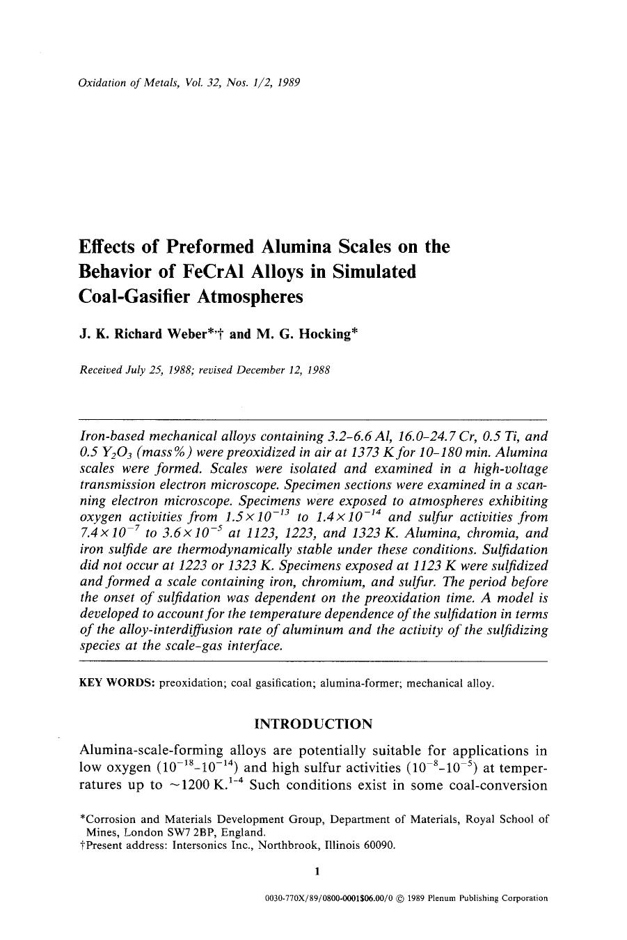 Effects of preformed alumina scales on the behavior of FeCrAl alloys in simulated coal-gasifier atmospheres by Unknown