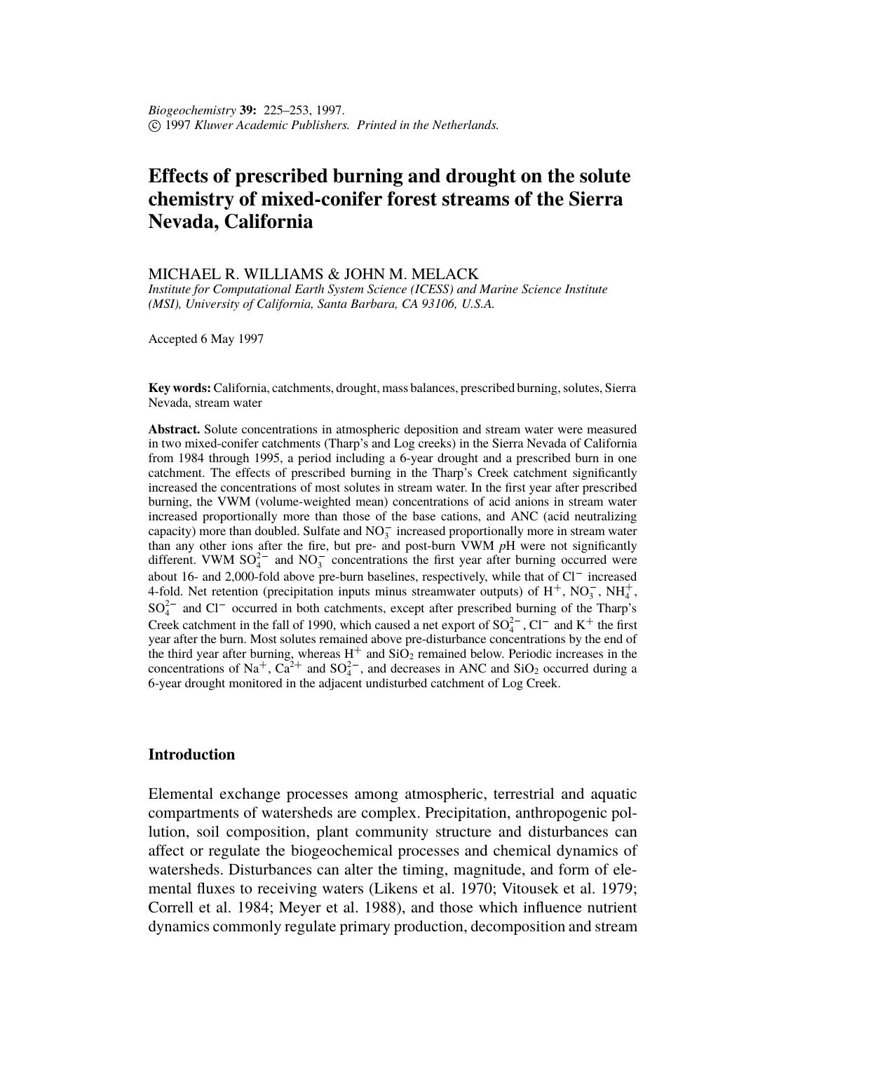 Effects of prescribed burning and drought on the solute chemistry of mixed-conifer forest streams of the Sierra Nevada, California by Unknown