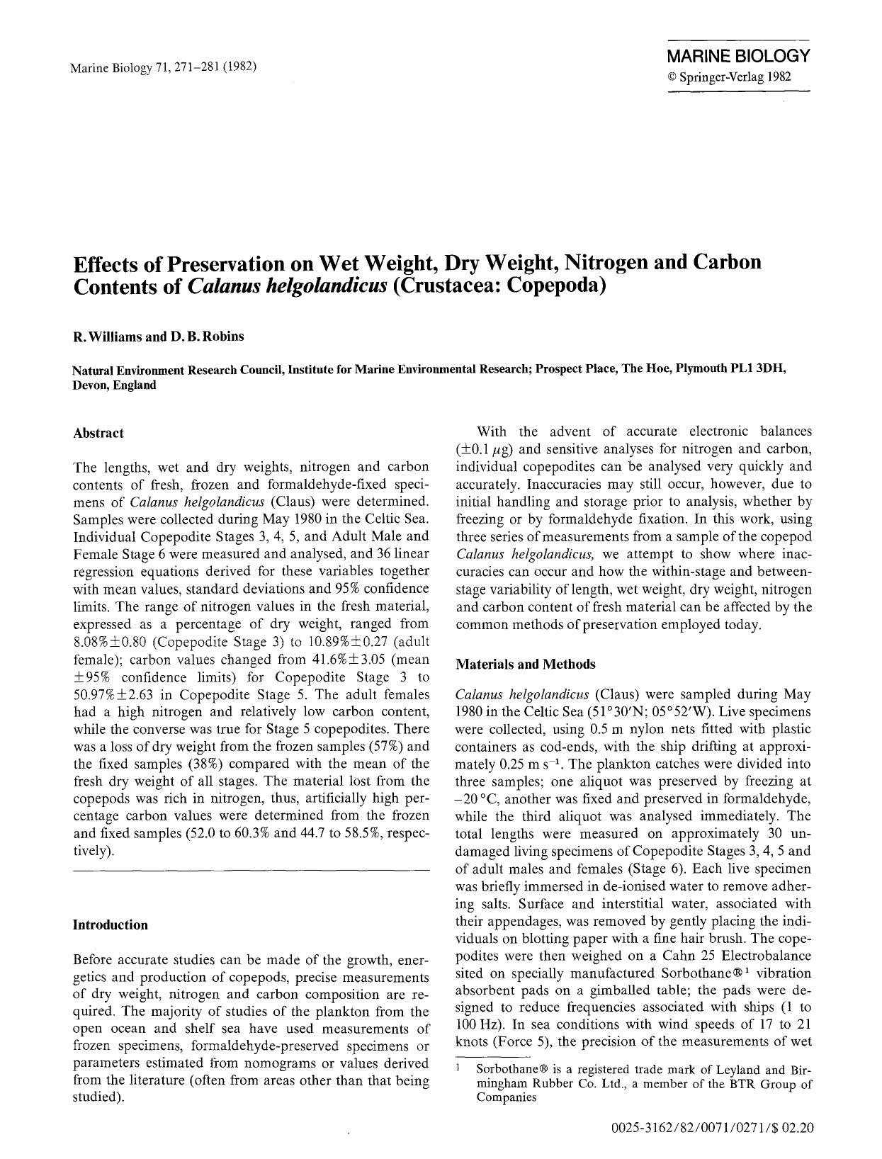 Effects of preservation on wet weight, dry weight, nitrogen and carbon contents of <Emphasis Type="Italic">Calanus helgolandicus<Emphasis> (Crustacea: Copepoda) by Unknown