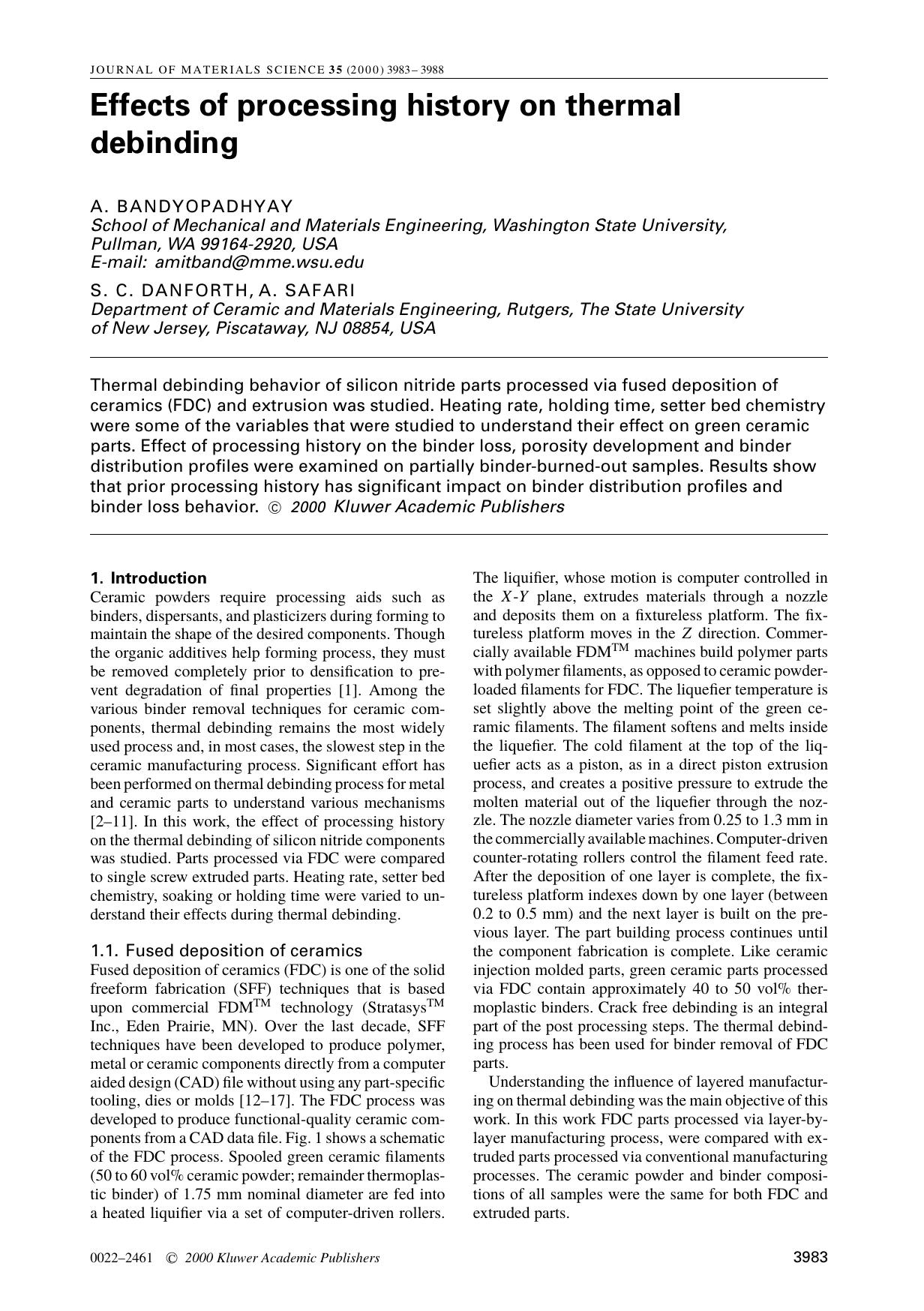 Effects of processing history on thermal debinding by Unknown