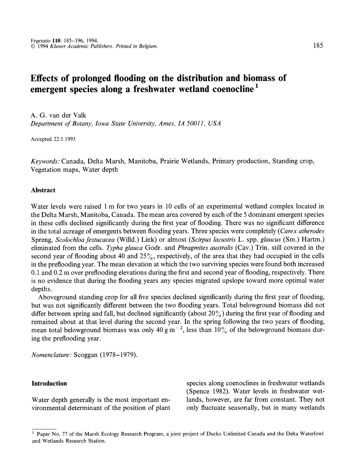 Effects of prolonged flooding on the distribution and biomass of emergent species along a freshwater wetland coenocline by Unknown