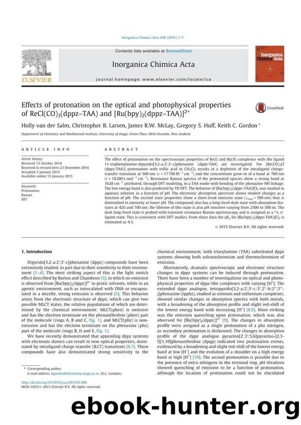 Effects of protonation on the optical and photophysical properties of ReCl(CO)3(dppzÃ¢â¬âTAA) and [Ru(bpy)2(dppzÃ¢â¬âTAA)]2+ by Holly van der Salm & Christopher B. Larsen & James R.W. McLay & Gregory S. Huff & Keith C. Gordon