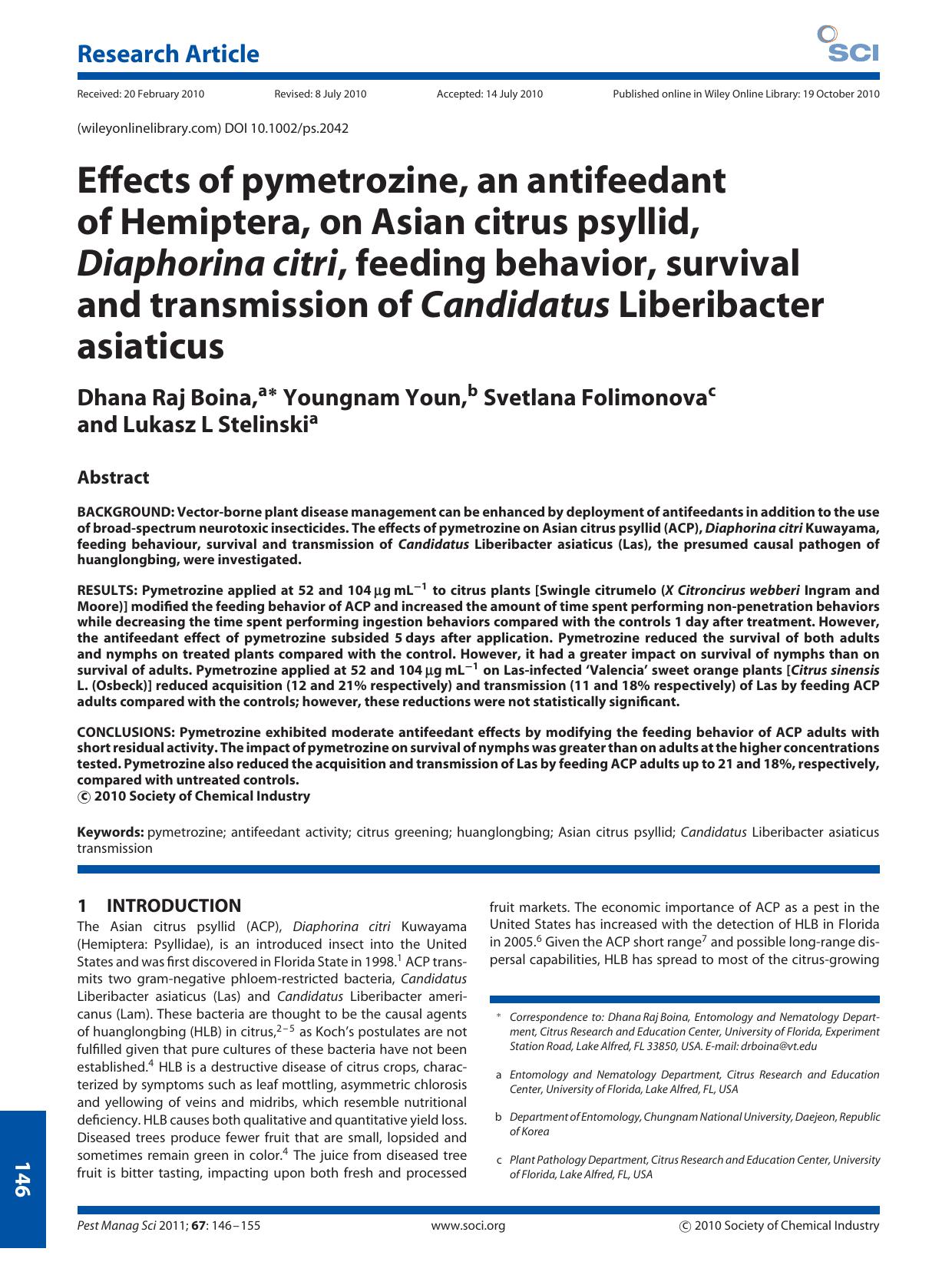 Effects of pymetrozine, an antifeedant of Hemiptera, on Asian citrus psyllid, Diaphorina citri, feeding behavior, survival and transmission of Candidatus Liberibacter asiaticus by Unknown