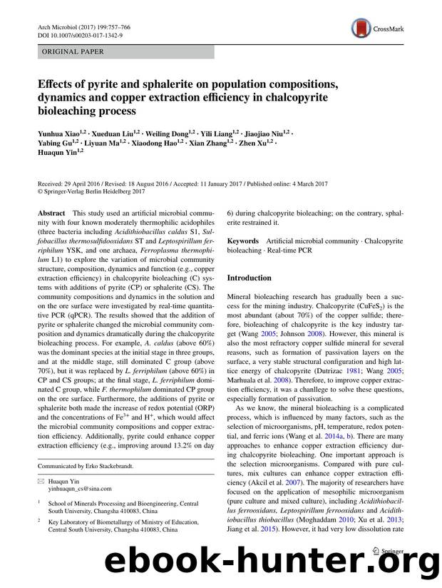 Effects of pyrite and sphalerite on population compositions, dynamics and copper extraction efficiency in chalcopyrite bioleaching process by unknow