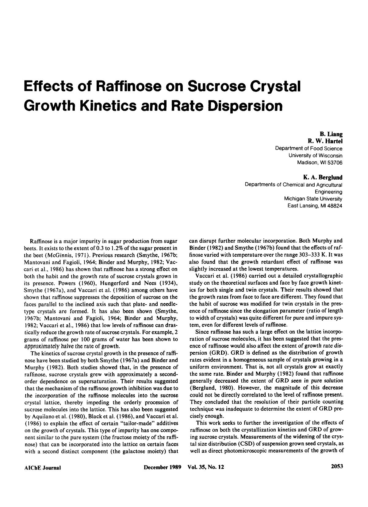 Effects of raffinose on sucrose crystal growth kinetics and rate dispersion by Unknown