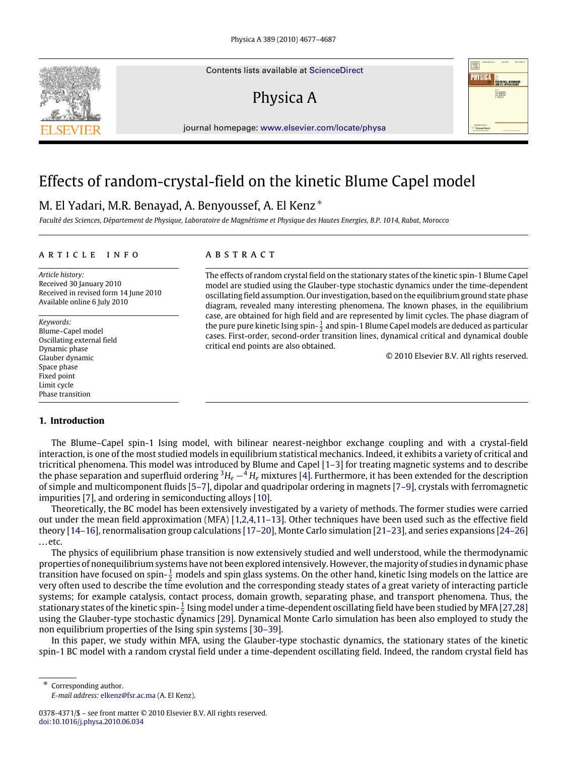 Effects of random-crystal-field on the kinetic Blume Capel model by M. El Yadari; M.R. Benayad; A. Benyoussef; A. El Kenz