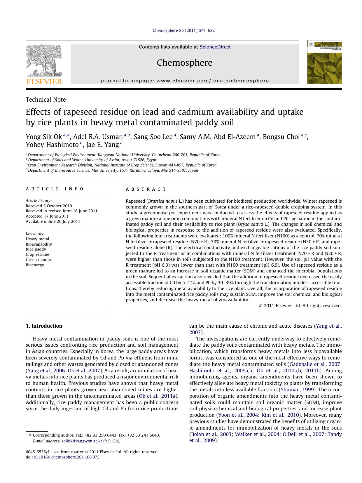 Effects of rapeseed residue on lead and cadmium availability and uptake by rice plants in heavy metal contaminated paddy soil by unknow