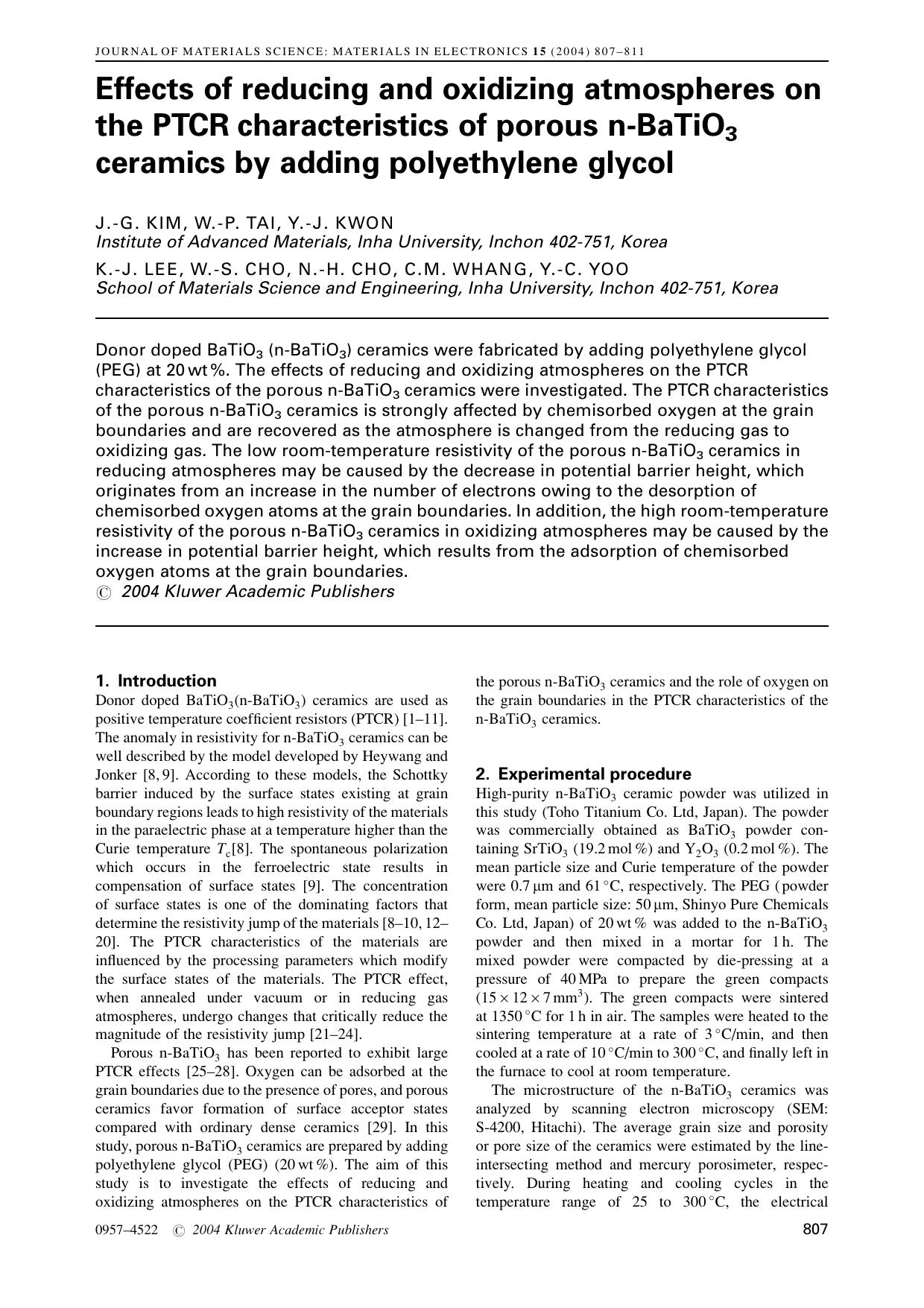 Effects of reducing and oxidizing atmospheres on the PTCR characteristics of porous n-BaTiO<Subscript>3<Subscript> ceramics by adding polyethylene glycol by Unknown