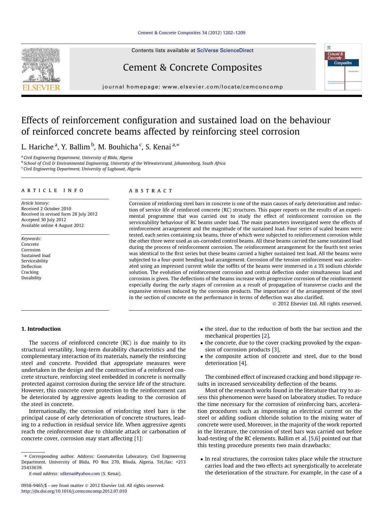 Effects of reinforcement configuration and sustained load on the behaviour of reinforced concrete beams affected by reinforcing steel corrosion by L. Hariche & Y. Ballim & M. Bouhicha & S. Kenai