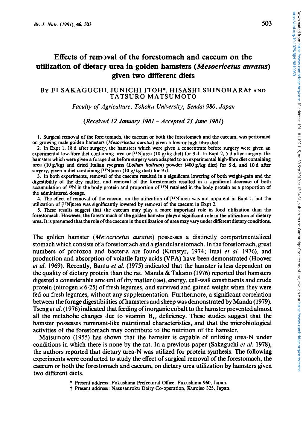 Effects of removal of the forestomach and caecum on the utilization of dietary urea in golden hamsters (Mesocricetus auratus) given two different diets by Ei Sakaguchi Junichi Itoh Hisashi Shinohara & Tatsuro Matsumoto