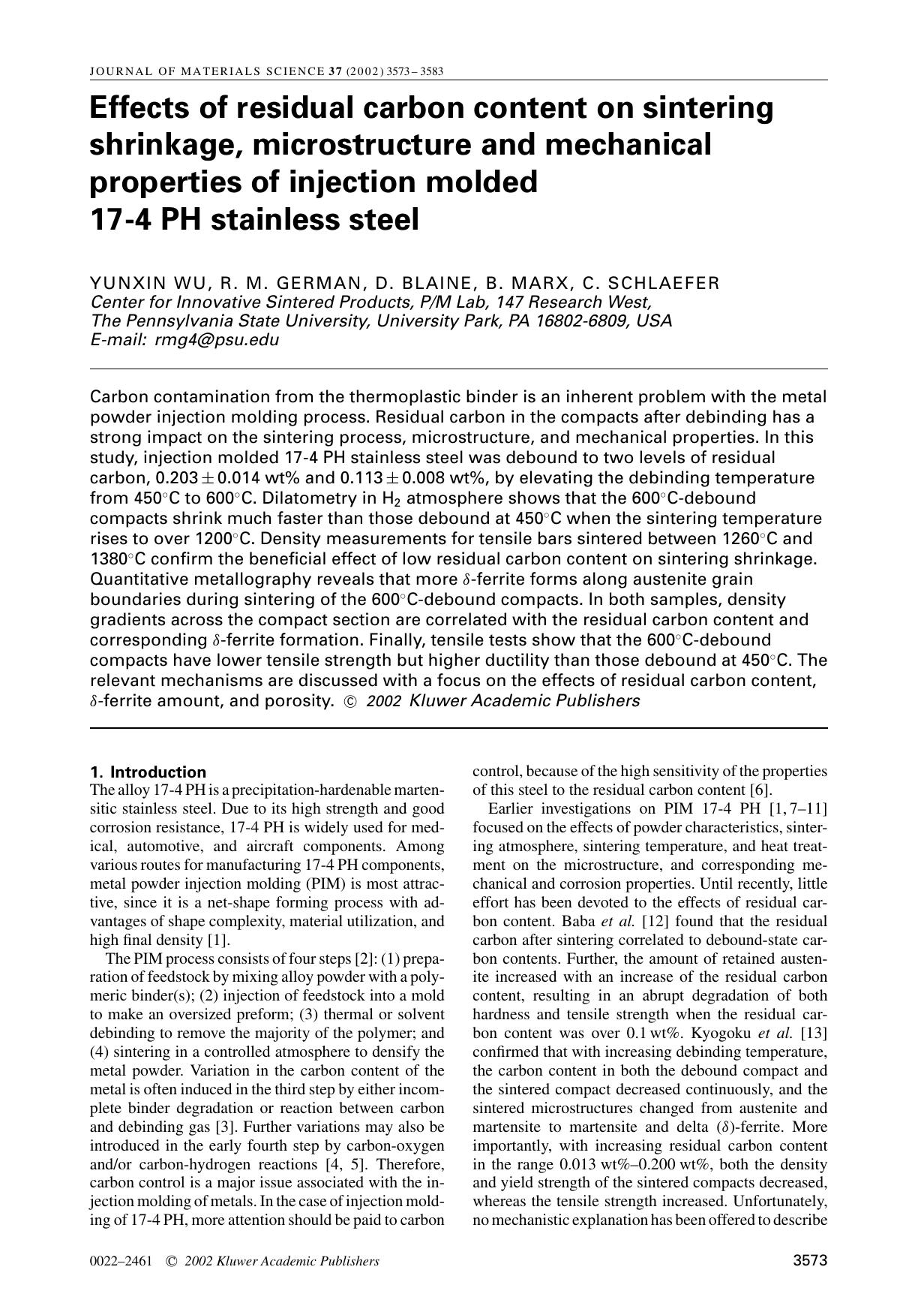 Effects of residual carbon content on sintering shrinkage, microstructure and mechanical properties of injection molded 17-4 PH stainless steel by Unknown