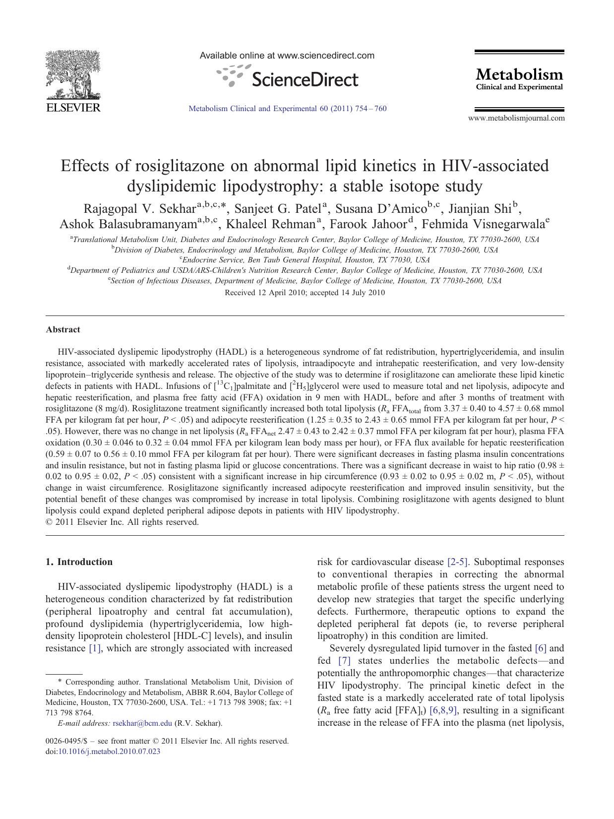 Effects of rosiglitazone on abnormal lipid kinetics in HIV-associated dyslipidemic lipodystrophy: a stable isotope study by unknow