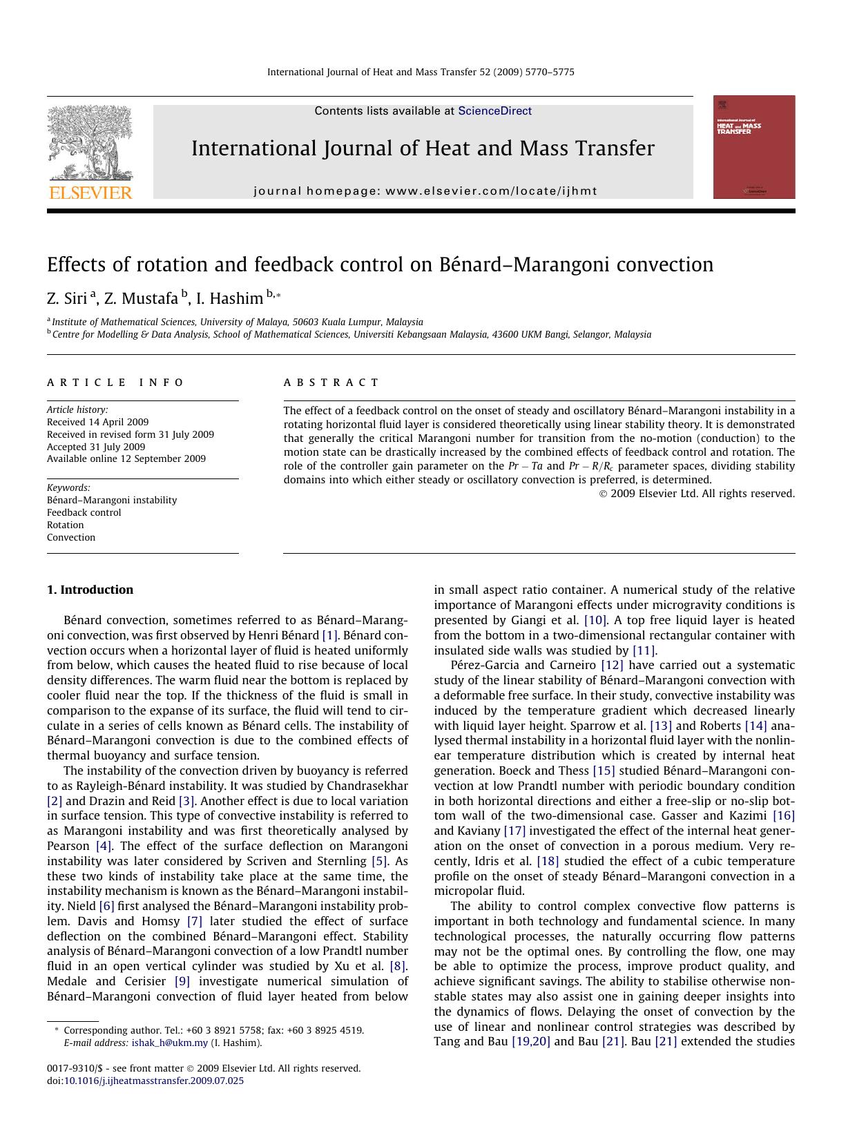 Effects of rotation and feedback control on BÃ©nardâMarangoni convection by Z. Siri; Z. Mustafa; I. Hashim