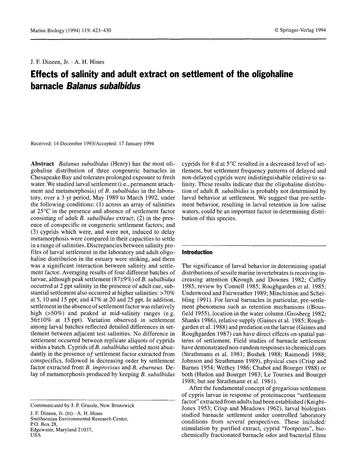 Effects of salinity and adult extract on settlement of the oligohaline barnacle <Emphasis Type="Italic">Balanus subalbidus<Emphasis> by Unknown