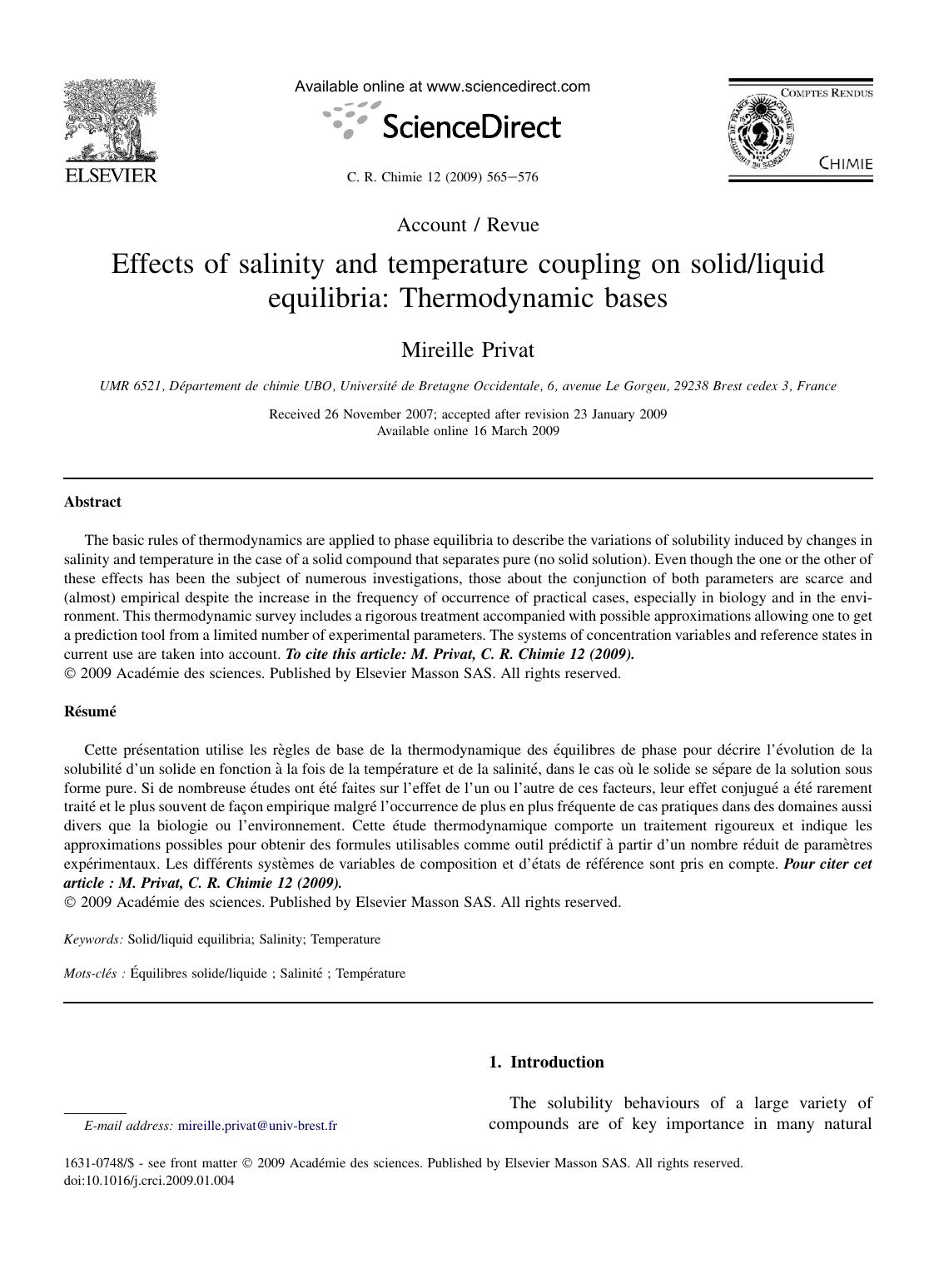 Effects of salinity and temperature coupling on solidliquid equilibria: Thermodynamic bases by Mireille Privat