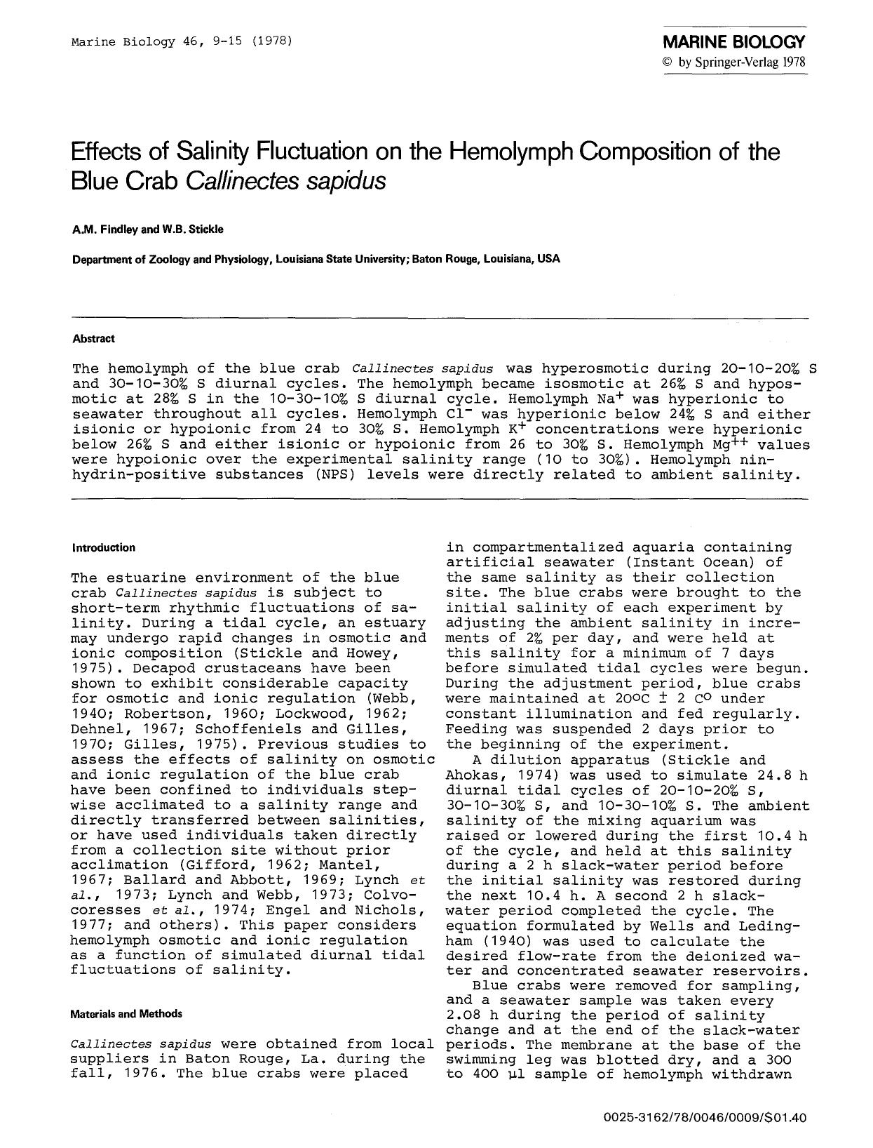 Effects of salinity fluctuation on the hemolymph composition of the blue crab <Emphasis Type="Italic">Callinectes sapidus<Emphasis> by Unknown