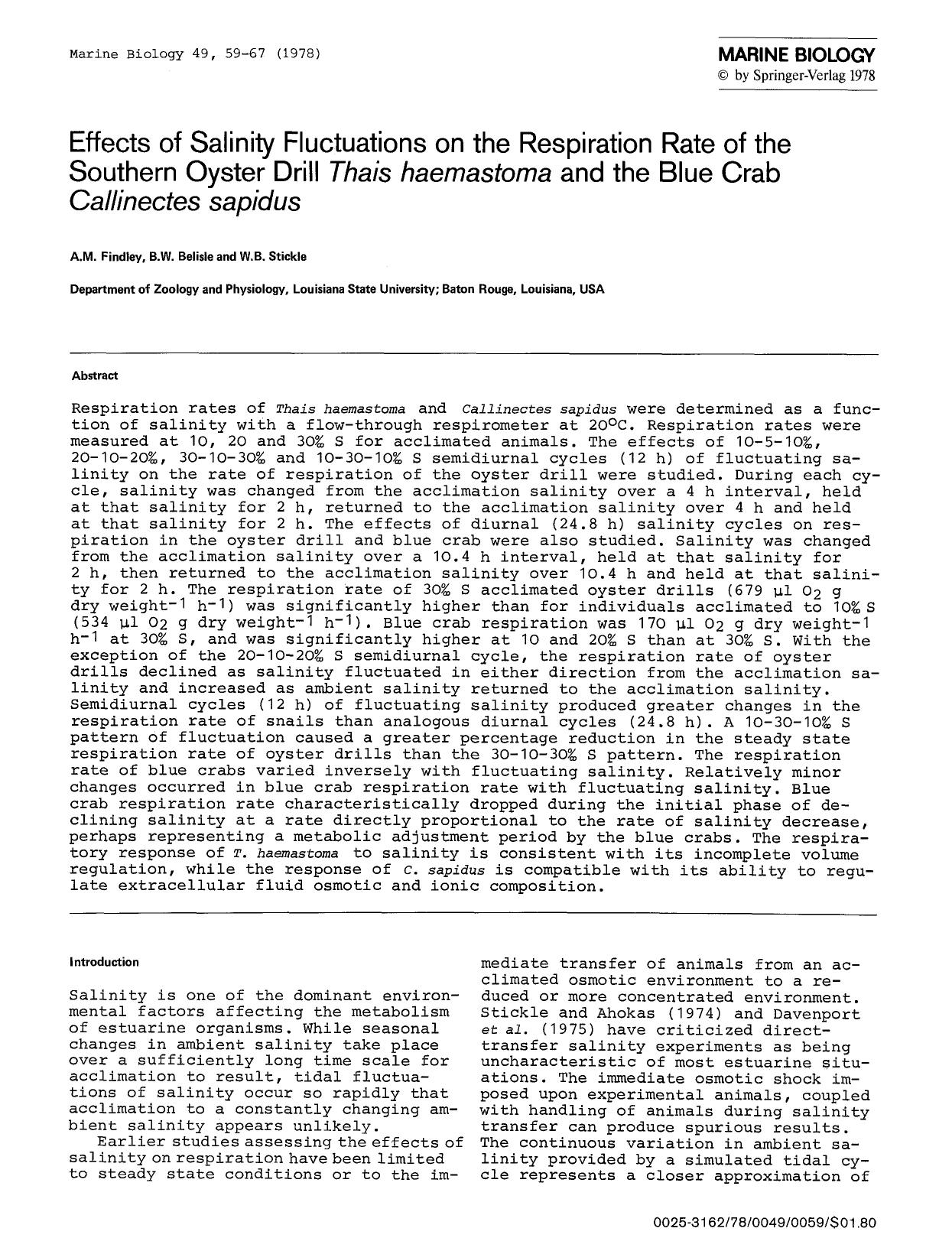 Effects of salinity fluctuations on the respiration rate of the southern oyster drill <Emphasis Type="Italic">Thais haemastoma<Emphasis> and the blue crab <Emphasis Type="Italic">C by Unknown
