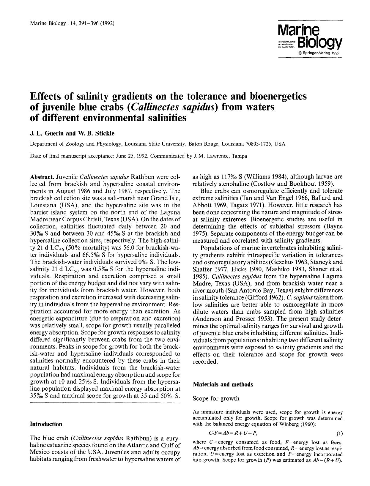 Effects of salinity gradients on the tolerance and bioenergetics of juvenile blue crabs (<Emphasis Type="Italic">Callinectes sapidus<Emphasis>) from waters of different environmental salinities by Unknown