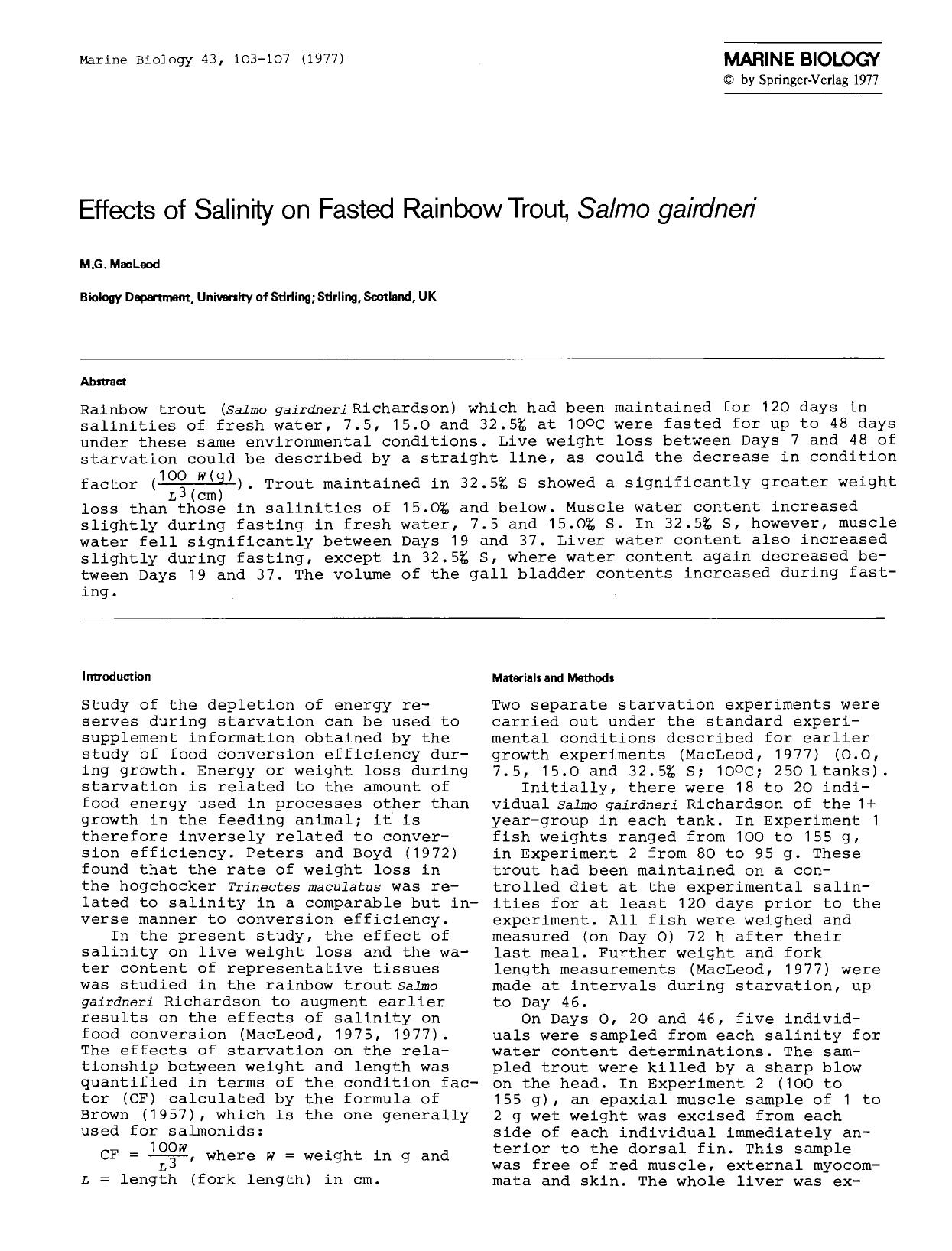 Effects of salinity on fasted rainbow trout, <Emphasis Type="Italic">Salmo gairdneri<Emphasis> by Unknown