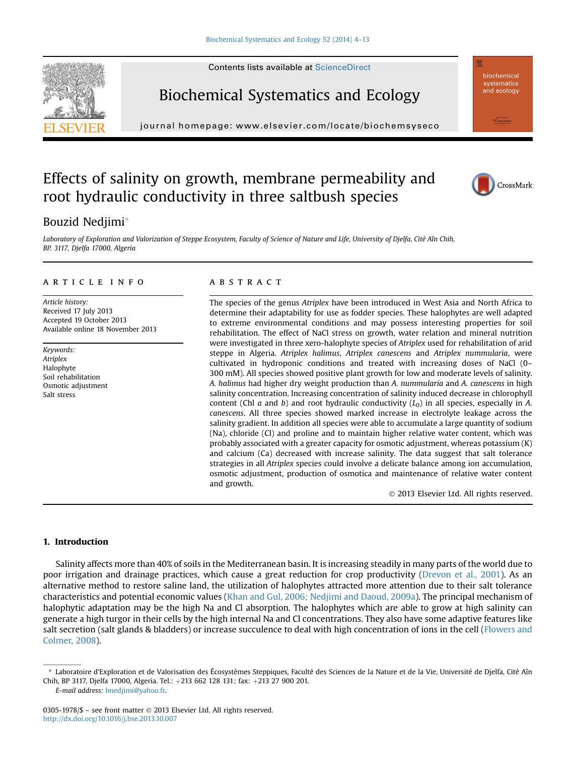 Effects of salinity on growth, membrane permeability and root hydraulic conductivity in three saltbush species by Bouzid Nedjimi