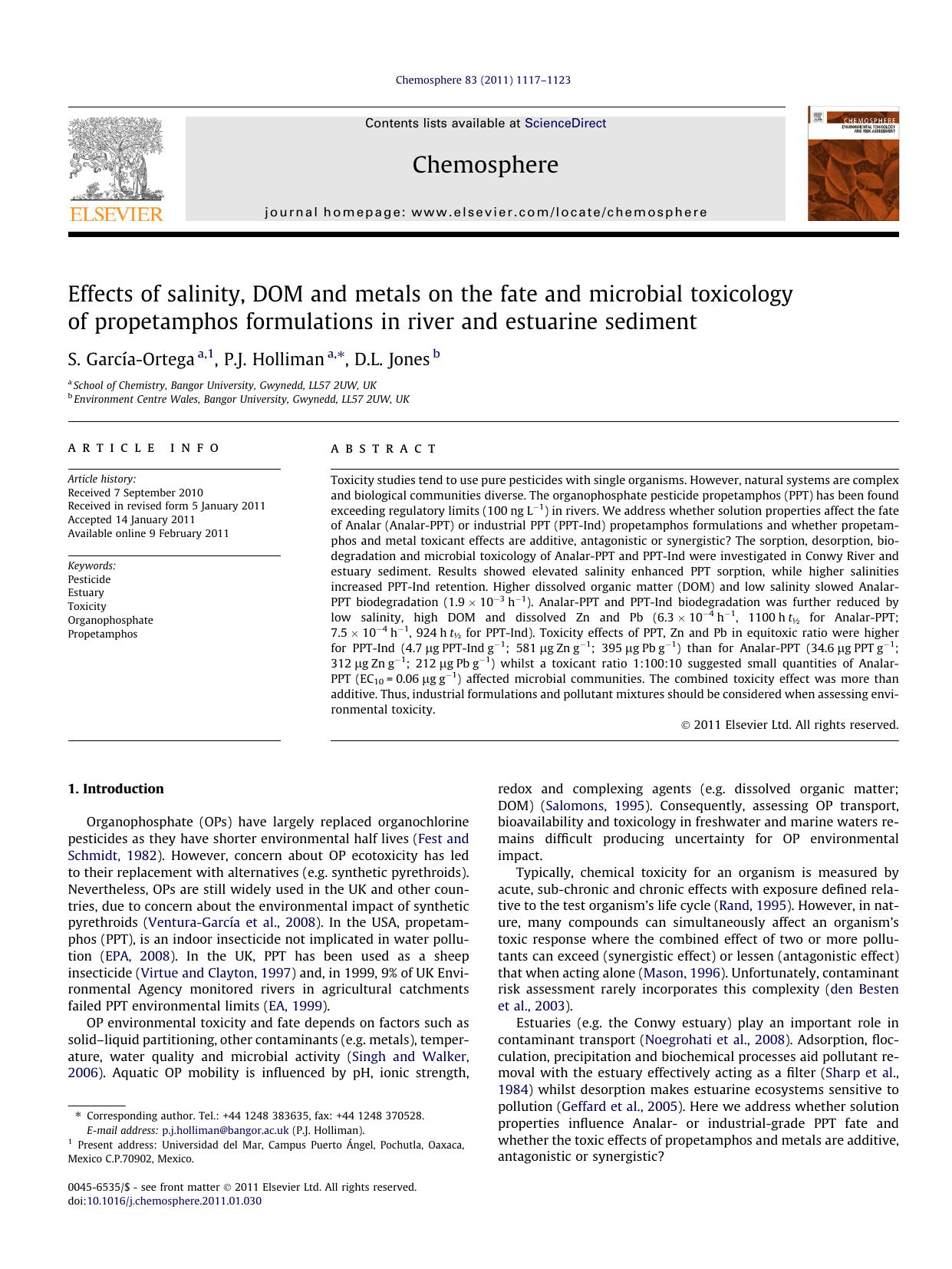 Effects of salinity, DOM and metals on the fate and microbial toxicology of propetamphos formulations in river and estuarine sediment by S. GarcÃ­a-Ortega & P.J. Holliman & D.L. Jones