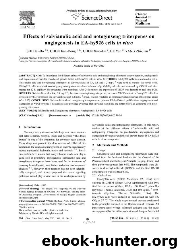 Effects of salvianolic acid and notoginseng triterpenes on angiogenesis in EA-hy926 cells in vitro by Hai-Bo SHI & Jian-Dong CHEN & Xiao-Hu CHEN & Yun HE & Zhi-Jian YANG