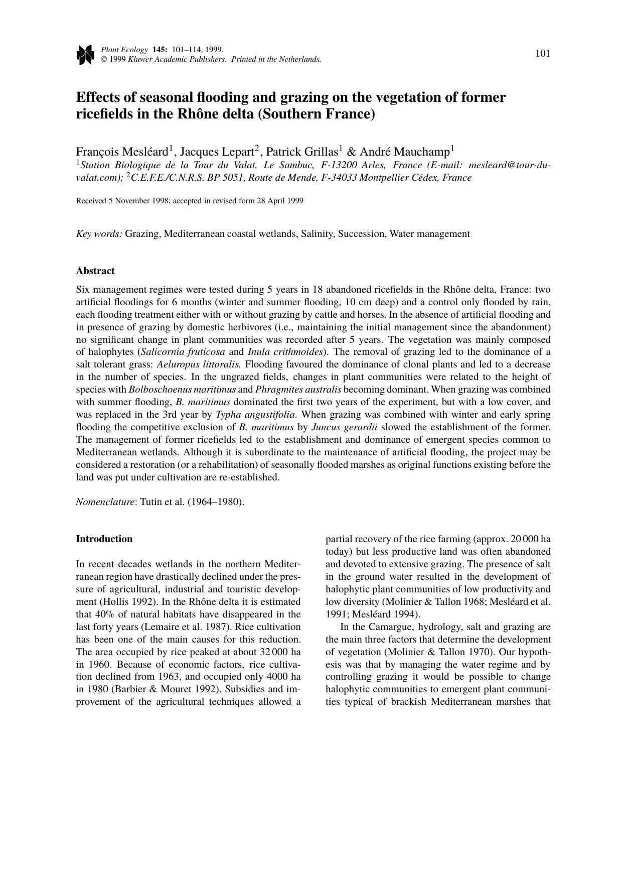 Effects of seasonal flooding and grazing on the vegetation of former ricefields in the Rhône delta (Southern France) by Unknown