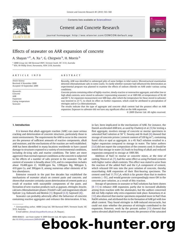 Effects of seawater on AAR expansion of concrete by A. Shayan; A. Xu; G. Chirgwin; H. Morris