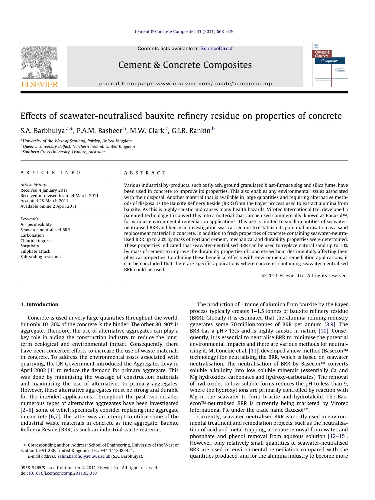 Effects of seawater-neutralised bauxite refinery residue on properties of concrete by S.A. Barbhuiya & P.A.M. Basheer & M.W. Clark & G.I.B. Rankin