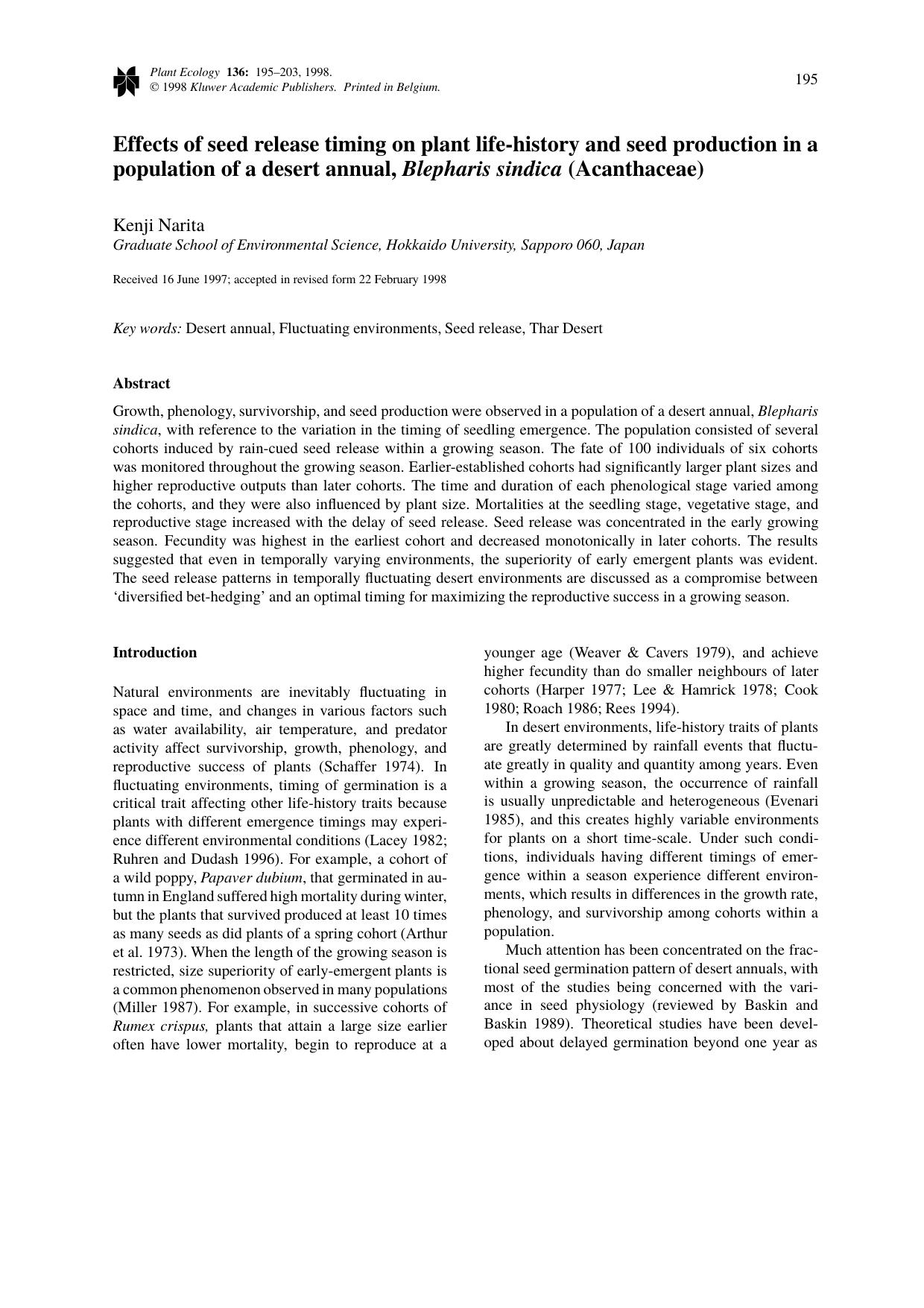 Effects of seed release timing on plant life-history and seed production in a population of a desert annual, shape Blepharis sindica (Acanthaceae) by Unknown