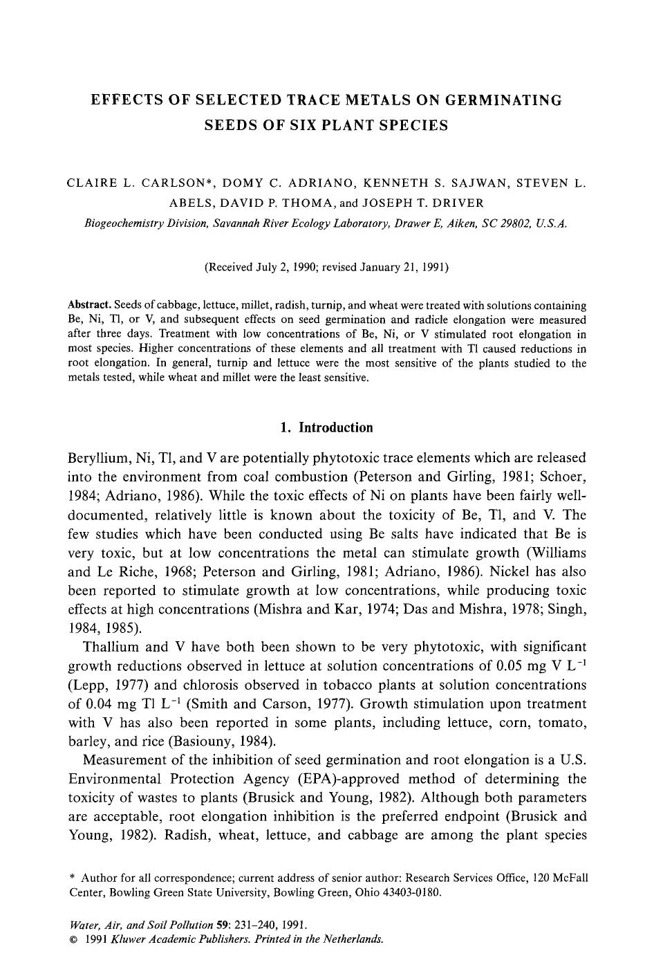 Effects of selected trace metals on germinating seeds of six plant species by Unknown