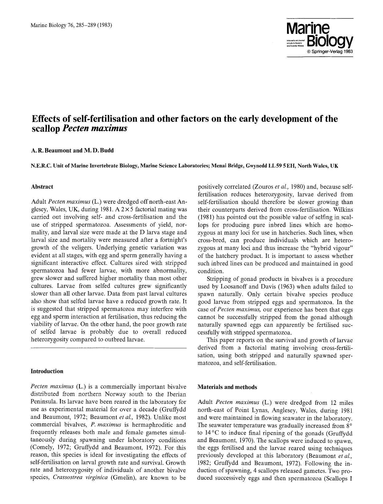 Effects of self-fertilisation and other factors on the early development of the scallop <Emphasis Type="Italic">Pecten maximus<Emphasis> by Unknown