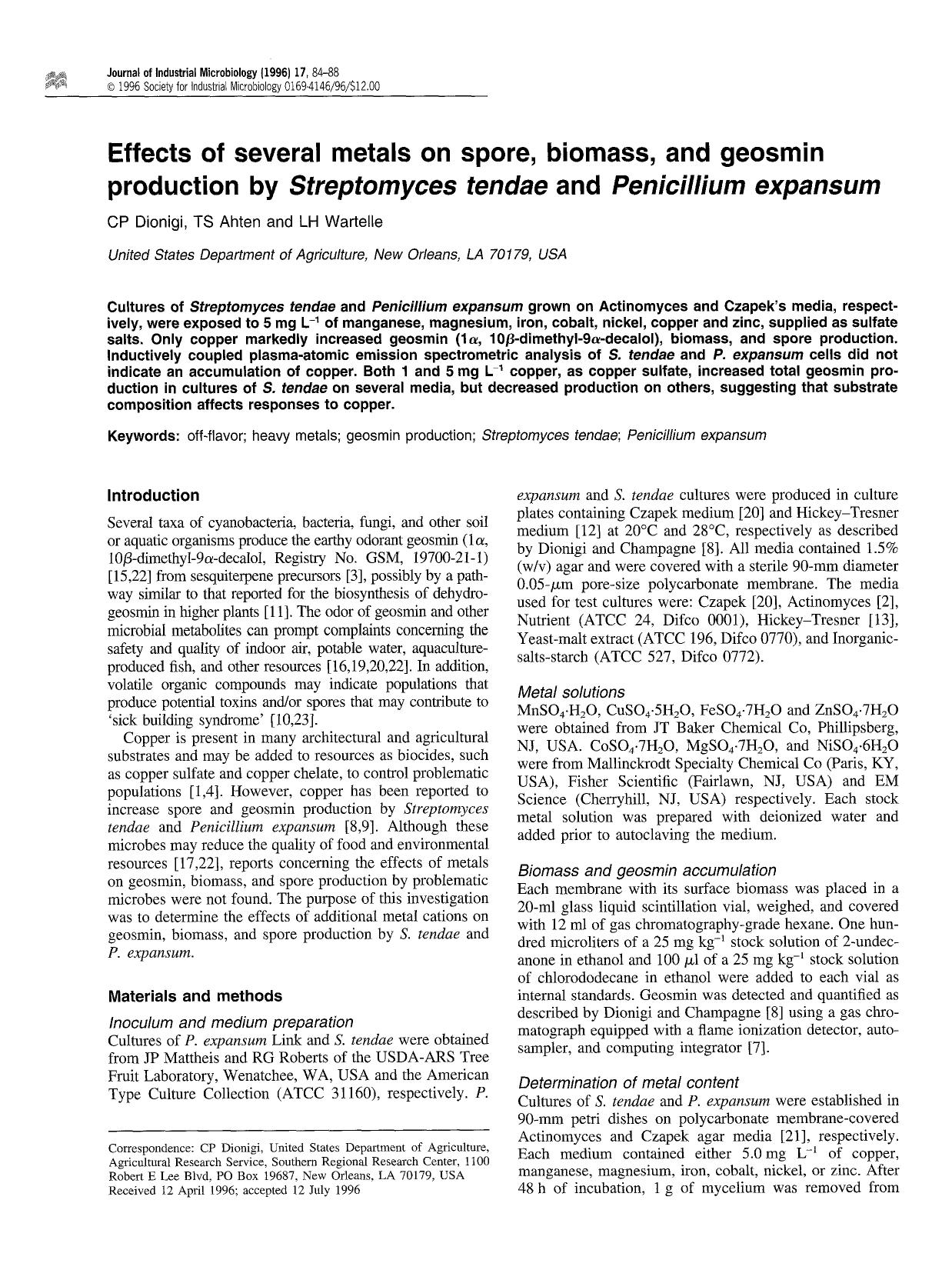 Effects of several metals on spore, biomass, and geosmin production by <Emphasis Type="Italic">Streptomyces tendae <Emphasis> and <Emphasis Type="Italic">Penicillium expansum <Emphasis> by Unknown