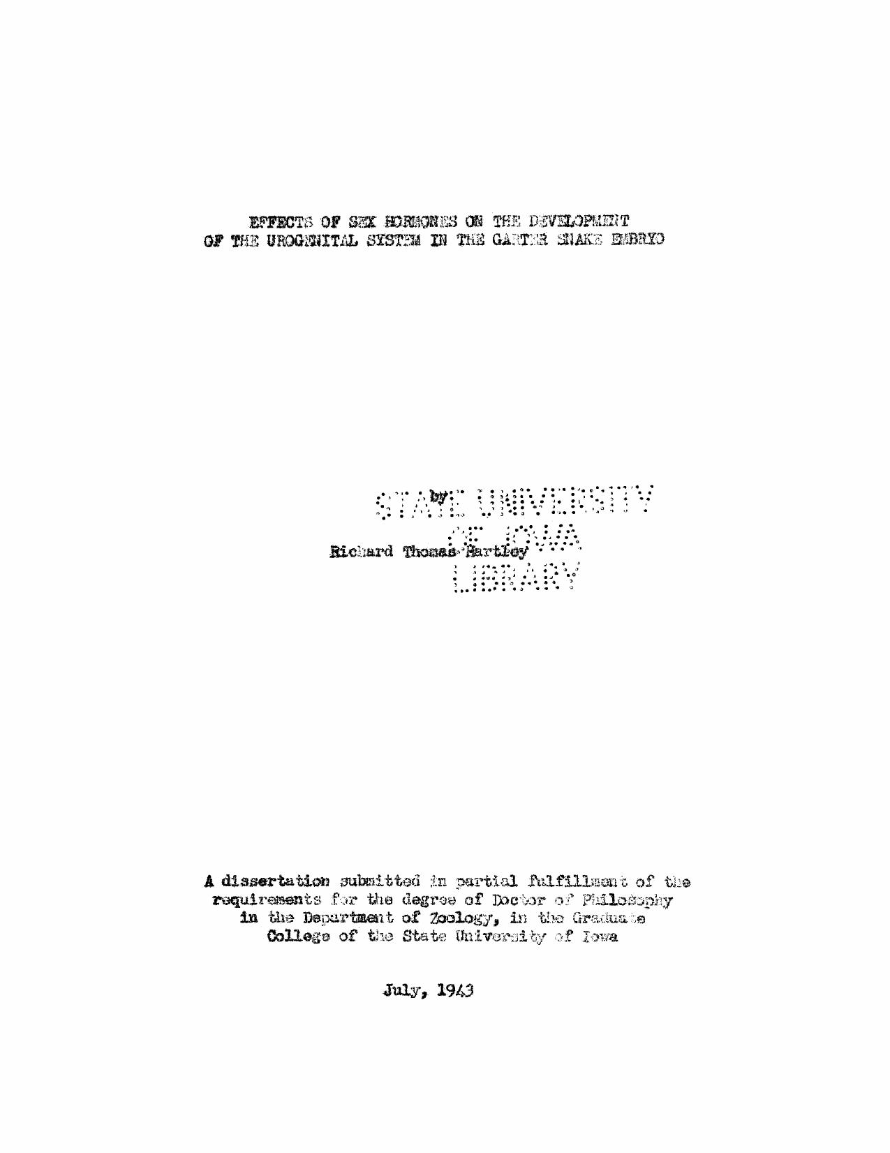 Effects of sex hormones on the development of the urogenital system in the garter snake by Hartley Richard Thomas