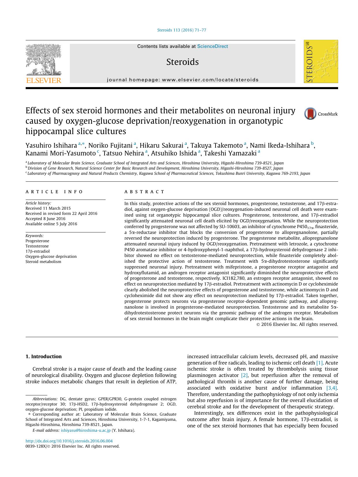 Effects of sex steroid hormones and their metabolites on neuronal injury caused by oxygen-glucose deprivationreoxygenation in organotypic hippocampal slice cultures by unknow