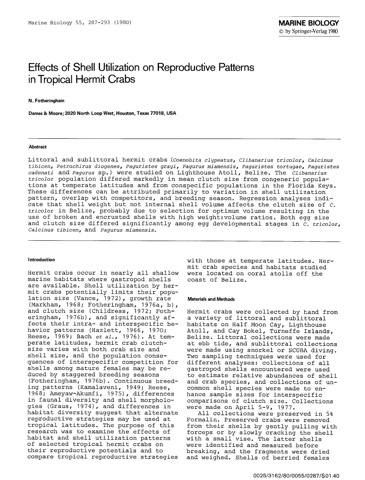 Effects of shell utilization on reproductive patterns in tropical hermit crabs by Unknown