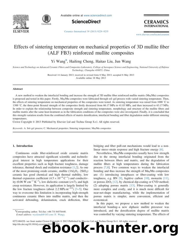Effects of sintering temperature on mechanical properties of 3D mullite fiber (ALF FB3) reinforced mullite composites by Yi Wang & Haifeng Cheng & Haitao Liu & Jun Wang