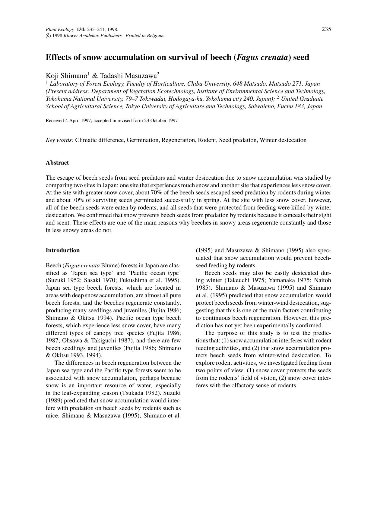 Effects of snow accumulation on survival of beech (Fagus crenata) seed by Unknown