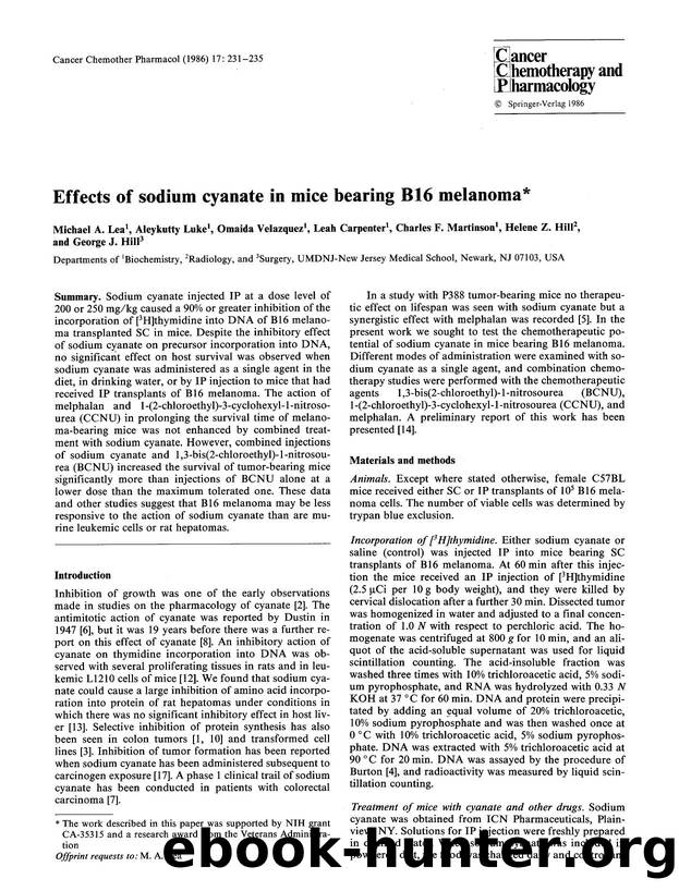 Effects of sodium cyanate in mice bearing B16 melanoma by Unknown