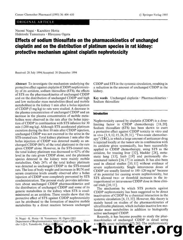 Effects of sodium thiosulfate on the pharmacokinetics of unchanged cisplatin and on the distribution of platinum species in rat kidney: protective mechanism against cisplatin nephrotoxicity by Unknown