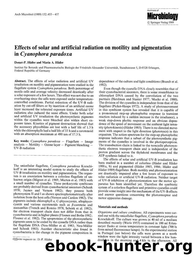 Effects of solar and artificial radiation on motility and pigmentation in <Emphasis Type="Italic">Cyanophora paradoxa<Emphasis> by Unknown
